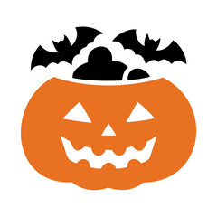 Orange halloween pumpkin bucket with black bats and dark candy overflowing from the top edge of the bucket