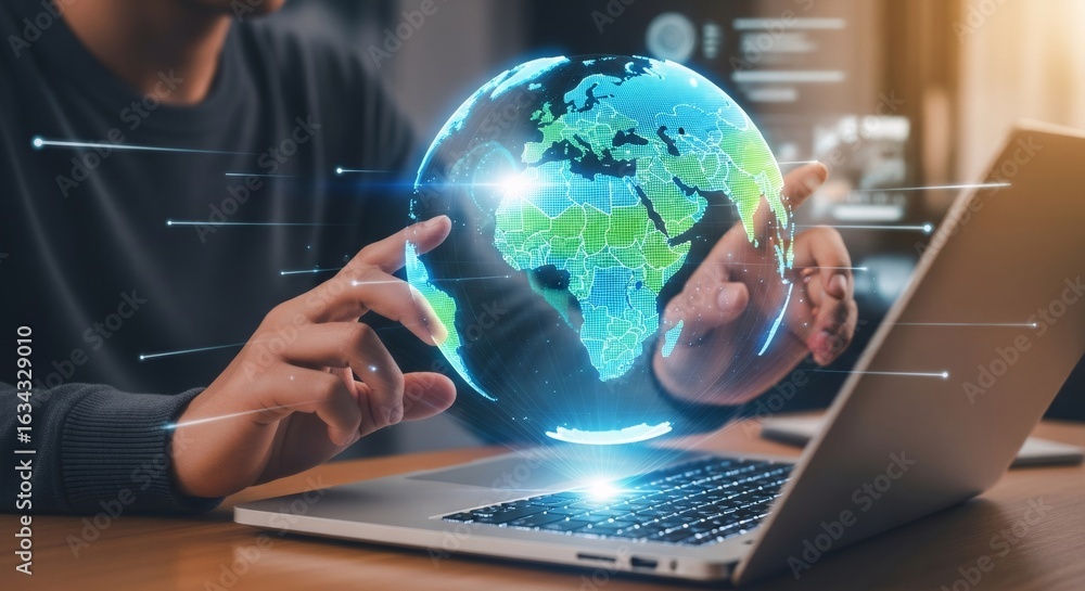 Aufkleber man interacting with digital globe over laptop. global business and communication network concept. f