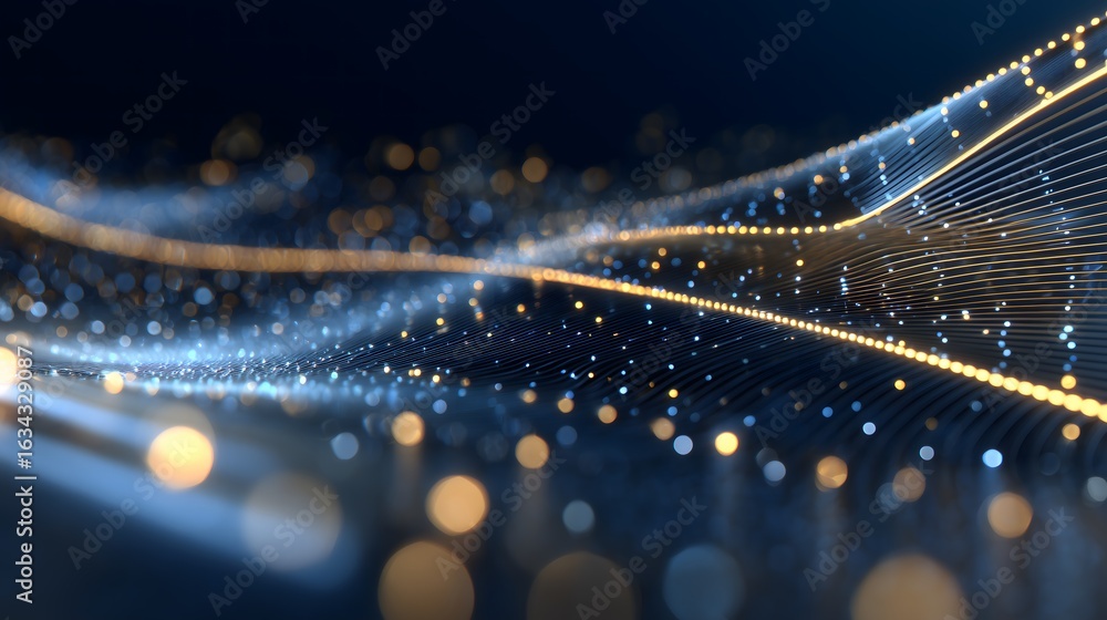 Poster futuristic banking mesh with golden highlights and glowing data bits on deep blue background