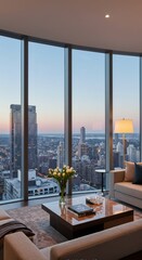 Panoramic city views from high rise living room