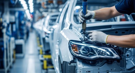 Fototapeta premium Man worker assembling car headlight on vehicle production line. Auto manufacturing factory building and technology concept.