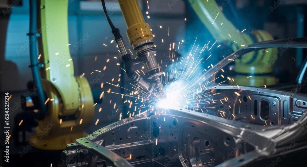 Poster robotic machine welding car parts. automated assembly process with spark effects in a production fac
