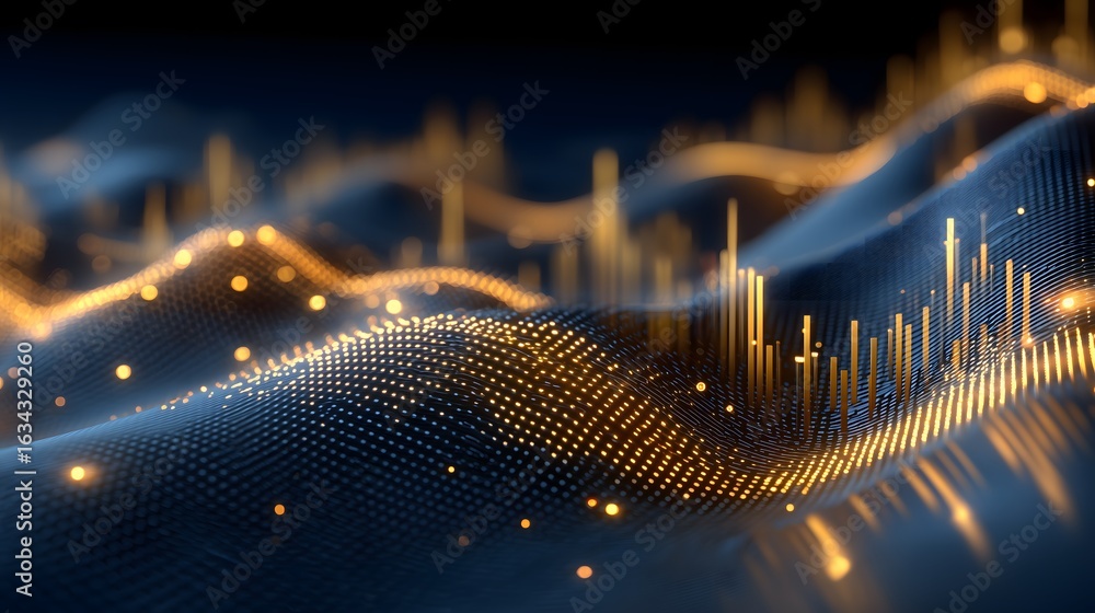 Poster futuristic banking mesh with glowing graph overlays and data bits in blue and gold
