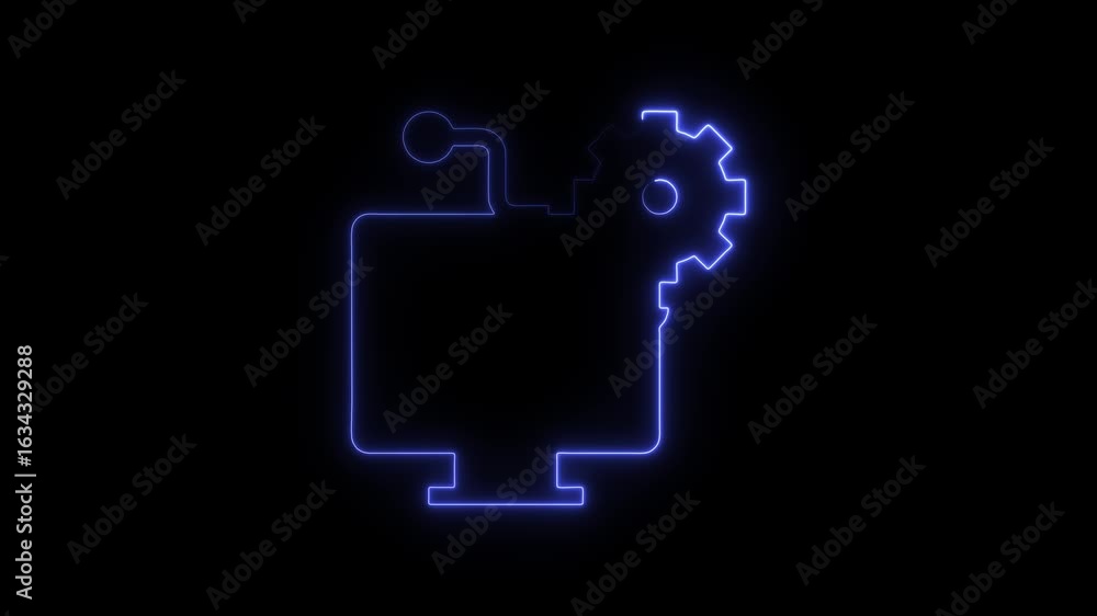 Poster animated neon computer gear icon on black background perfect for technology digitalization and innov