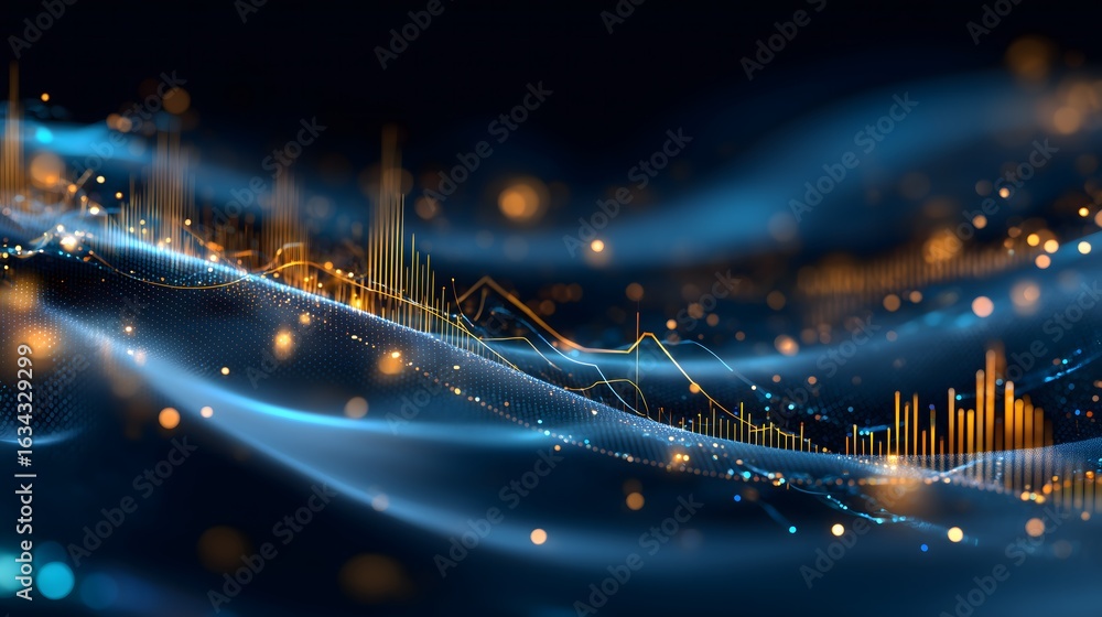 Poster futuristic banking mesh with glowing graph overlays and data bits in blue and gold