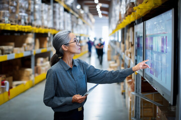 Middle-aged Asian businesswoman updating inventory numbers on a large touchscreen in a logistics company. Background includes shelves of organized boxes and other employees walking around.