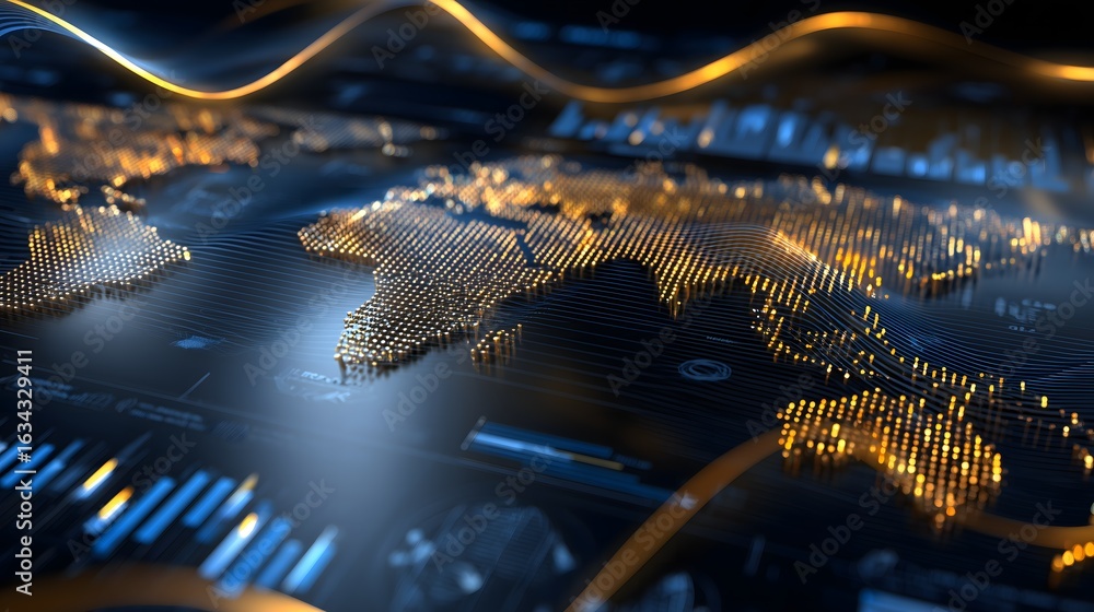 Poster futuristic banking mesh background with glowing ai graphs and world map overlays