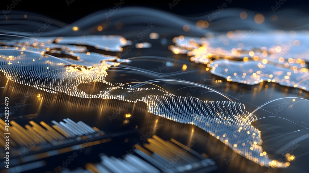 Poster futuristic global banking mesh with ai graph overlays and world map in deep blue and golden highligh
