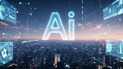 Advanced artificial intelligence concepts illuminate a futuristic city skyline with glowing data networks and holographic displays. - Powered by Adobe