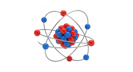Atomic structure model with nucleus and orbiting electrons isolated on transparent background