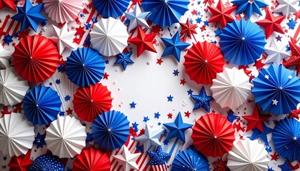 Realistic HD abstract background representing July, bold red, white, and blue palette with metallic sparks, firework-style radial shapes, flag-inspired layering and stars, dramatic contrast with centr