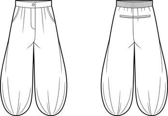 Wide-leg balloon pants CAD flat sketch with elastic back waist, front button closure, side pockets, rear welt pocket vector © Miraj World
