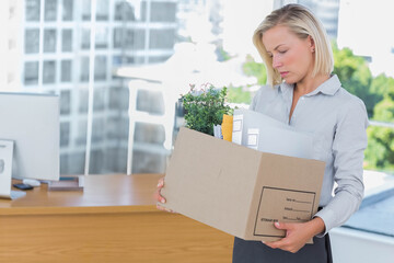 Female office worker packing plant and files into cardboard box beside desk at office, copy space