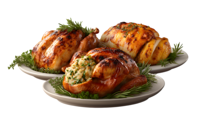 roasted Thanksgiving turkey in 3 versions: whole bird, carved with stuffing, sliced on plate, arranged in set for thanksgiving celebration table. isolated on transparent background with clipping path.