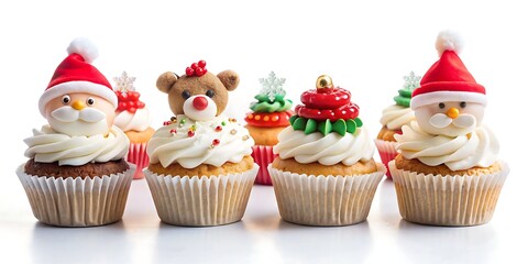 Christmas cupcakes with frosting and decorations on a white background.