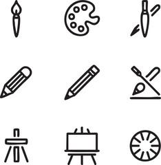 Art and drawing vector icon set outline style brush,palette,pencil,easel,color wheel,paint,tools,supplies,painting,drawing