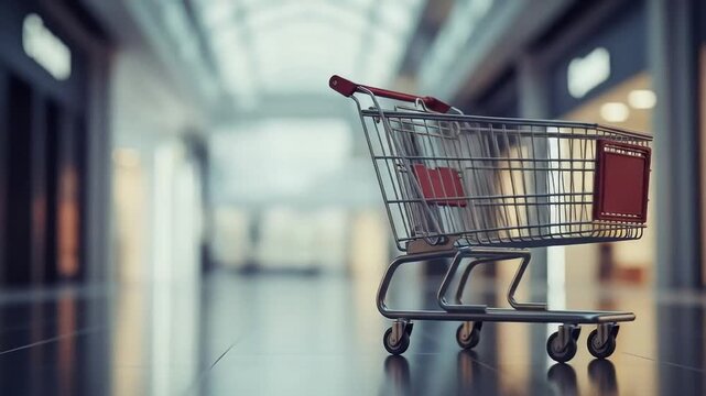 An empty shopping cart waits patiently on a reflective within a bright, contemporary commercial space.