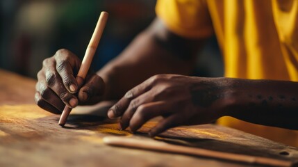 Traditional tattoo technique using bamboo stick, ancient cultural setting