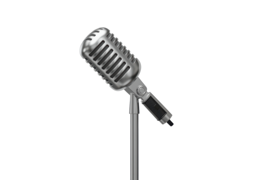 Isolated Vintage Silver Microphone on a Stand