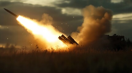 ultra-detailed image of tactical missile system in operation during war games, fire burst from engine