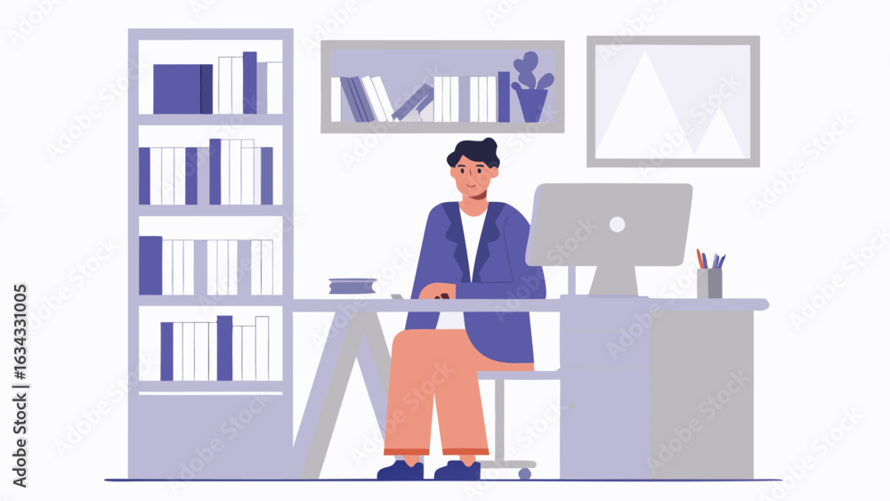 Poster illustration of a person sitting at a desk with a computer and a bookcase in the background
