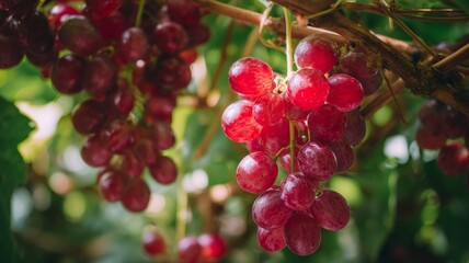 Close-up of ripe grapes on vine in sunlit vineyard. Neural network AI generated