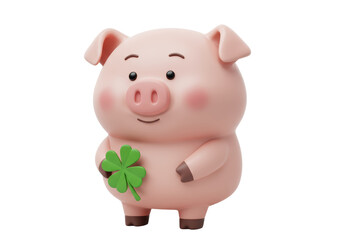 Isolated Cute Pig Holding a Four-Leaf Clover