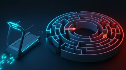 Futuristic maze with glowing pathways and a treadmill, illustrating navigation and technology - Powered by Adobe