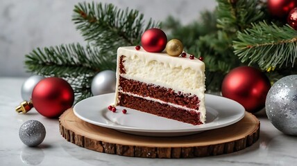 A Christmas arrangement with a piece of velvet cake and buttercream frosting with Christmas decor on a marble table.