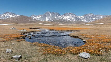 Fototapeta premium Mountain valley with a stream and wildflowers.