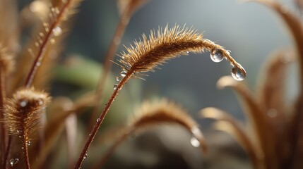 Raindrop Kiss: A captivating macro shot spotlights delicate, brown plant, exquisitely adorned with glistening raindrops. The image whispers of mornings in nature.