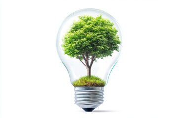 Green tree inside a light bulb isolated on white background
