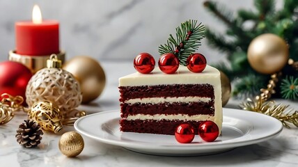 A Christmas arrangement with a piece of velvet cake and buttercream frosting with Christmas decor on a marble table.