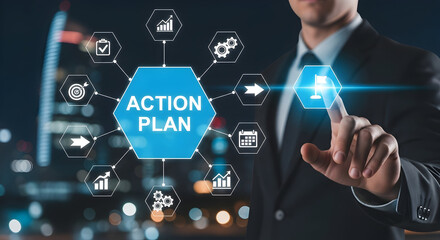 Modern business strategy visualization with action plan for success and reaching goals quickly