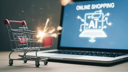 Artificial intelligence enhances online shopping, symbolized by a glowing cart and laptop display. - Powered by Adobe