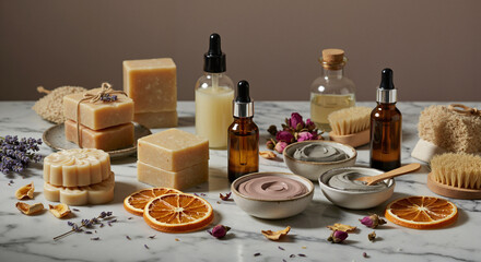 Natural skincare products displayed on marble table with orange slices  