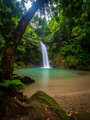 Serene Tropical Waterfall with Soft Mist and Sunlight Filtering Through Lush Green Canopy