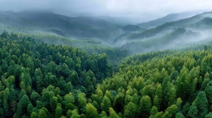 Obraz premium Green Forest Panorama: A stunning aerial view of a verdant forest and mist-covered mountains. The fresh, vibrant green hues of the trees provide a serene contrast to the misty sky.