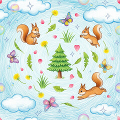 Obraz premium Seamless rainbow and clouds pattern 18