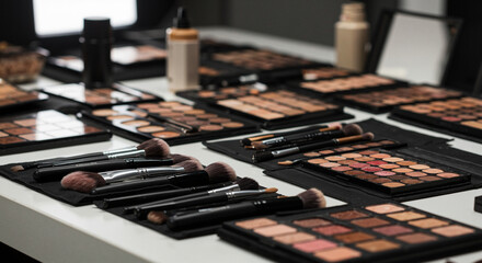 Makeup artist's workspace with brushes and palettes on white table  
