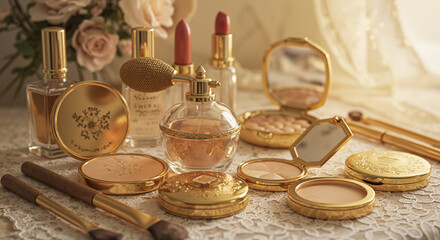 Vintage makeup collection with perfume and compacts on lace tablecloth  