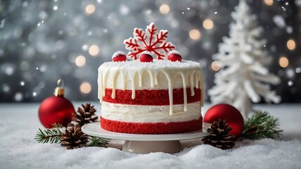 Holiday composition with red and white cake and Christmas decor on a snowy table and fairytale bokeh background.