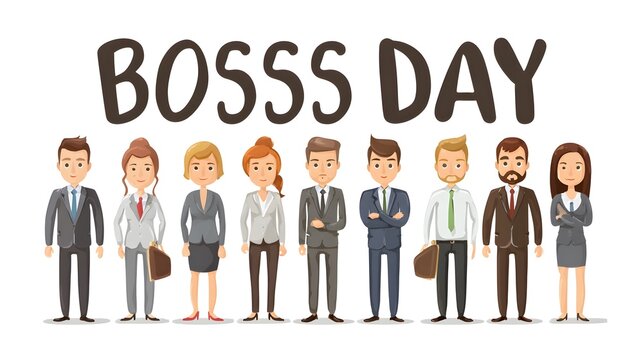 A group of nine professionals celebrate the Boss's day in a work office