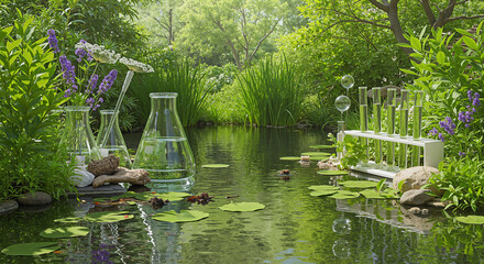 Laboratory glassware and water lilies in lush green garden  