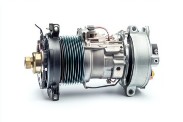 Metal automotive air conditioning compressor isolated on white background