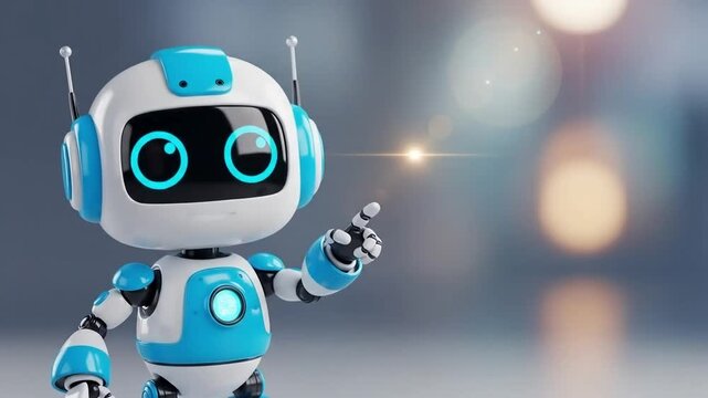 Charming white and blue robot with bright eyes gestures towards a glowing light, embodying artificial intelligence.