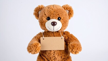 Obraz premium The photo depicts a brown plush teddy bear holding a cardboard card. The background is light and solid, highlighting the soft texture of the teddy bear and the box. The a