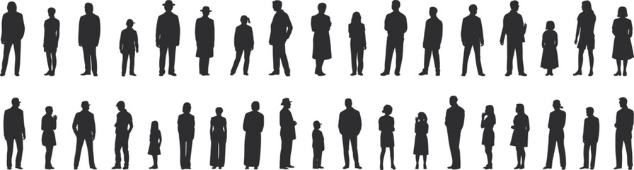 Silhouettes of diverse people standing, walking, posing in various postures, male and female figures, urban lifestyle, modern fashion, isolated on white