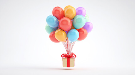 A gift box with colorful balloons popping out, a red ribbon tied around the bottom of it, isolated on a white background.