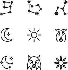 Obraz premium Celestial and mystical vector icon set outline style constellations,crescent moon,sun,wolf,ox,astrology,mythology,ethereal